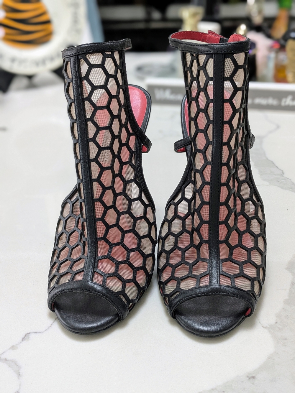 Charles Jourdan Black Mesh Peep-Toe Heels 7B